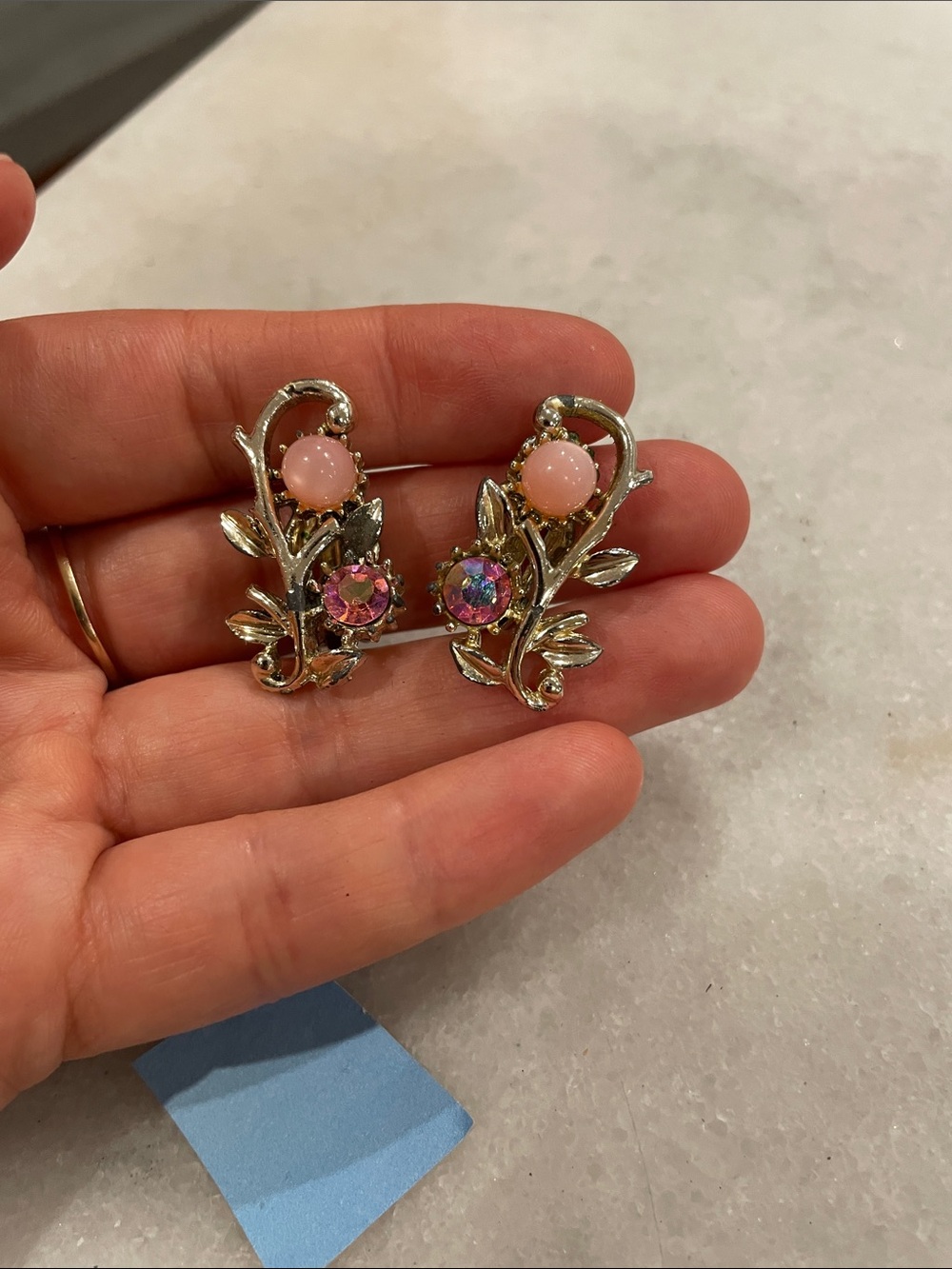 Vintage-Inspired Pink Crystal Floral Clip-On Earrings